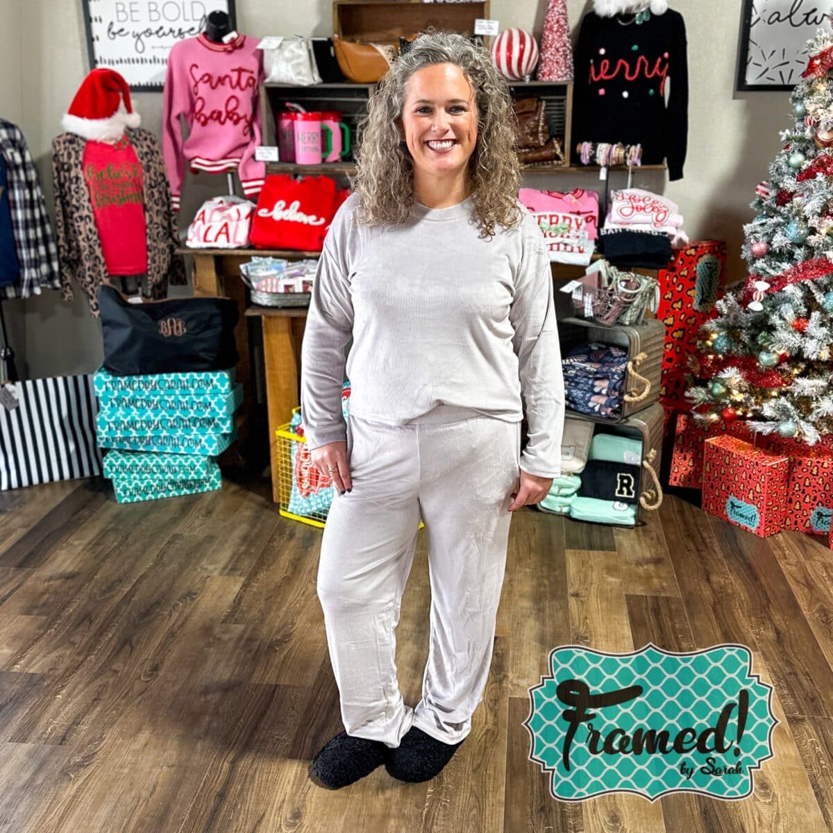 Lauren in Gray Luxe Pajama Lounge Set + Black Curly Slippers