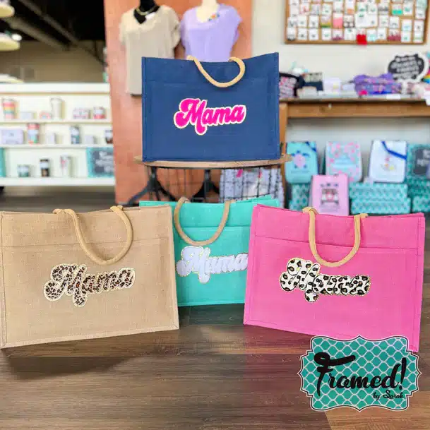 Mama Chenille Patch Jute Bags in hot pink, tan, teal, and navy