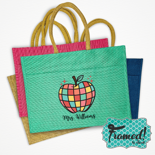 stack of colorful jute totes. Top tote is green with a check block apple and monogram "mrs williams"
