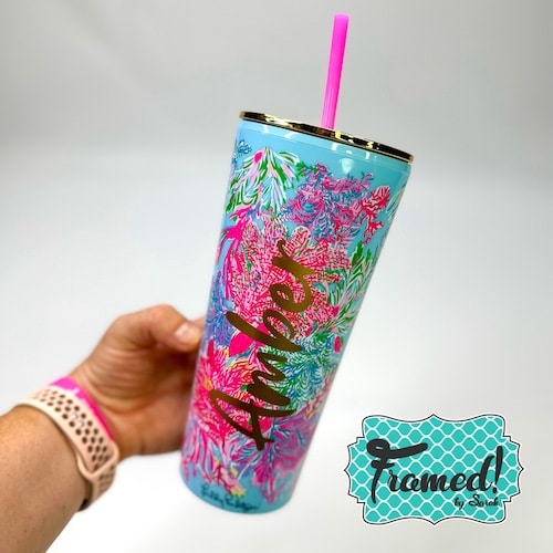 colorful Lilly Pulitzer Tumbler with a gold Amber decal