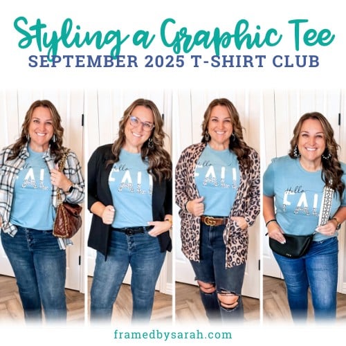 Sarah Williams posing in 4 different outfits styling the Hello Fall September t-Shirt Club