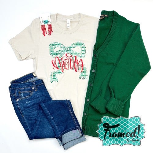 November 2025 T-Shirt Club Tee - Merry with Bow Tee + Merry with Bow Sticker + Red Iridescent Beaded Drop Earrings + Green Half Button Cardigan