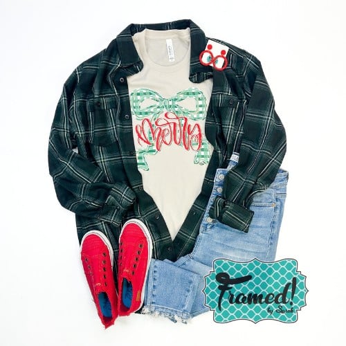 Nov 2025 T-Shirt Club Tee - Merry with Bow + Dark Green Plaid Flannel Top + Red Beaded Hoop Earrings