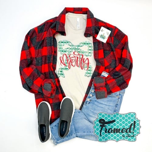 November 2025 T-Shirt Club Tee - Merry with Bow Tee + Merry with Bow Sticker + Gold Beaded Hoop Earrings + Red Black Flannel Shirt.JPG