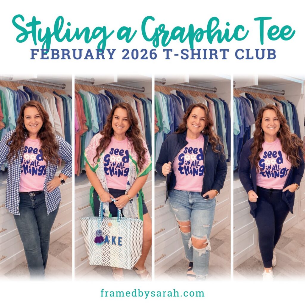 Sarah Williams posing in 4 different outfits styling the See Good In All Things Feb 26 T-Shirt Club tee