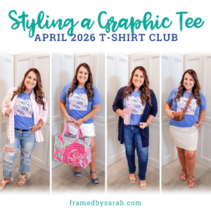 Sarah Williams posing in 4 different outfits styling the Sunny Days Ahead April 26 T-Shirt Club tee