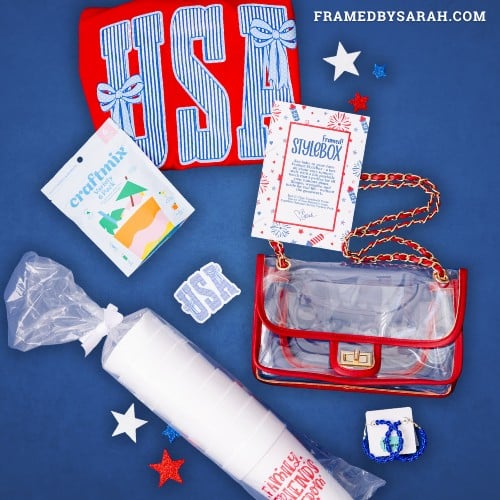 Red USA tshirt, patriotic cups, drink mix pack, blue hoop earrins, USA sticker, and clear purse displayed on a blue star background
