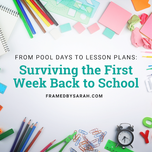 image of school supplies on a white background "From Pool Days to Lesson Plans: Surviving the First Week Back to School"