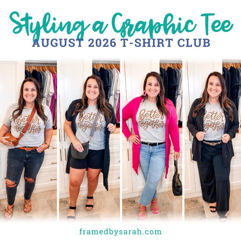 Styling a Graphic Tee - August 2026 T-shirt Club graphic with 4 images of the tshirt styled different ways