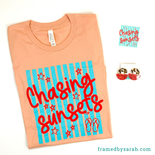 Chasing Sunsets t-shirt, earrings, and matching sticker