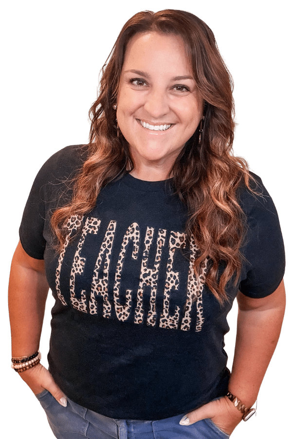 Sarah Williams in black tshirt with teacher leopard print text