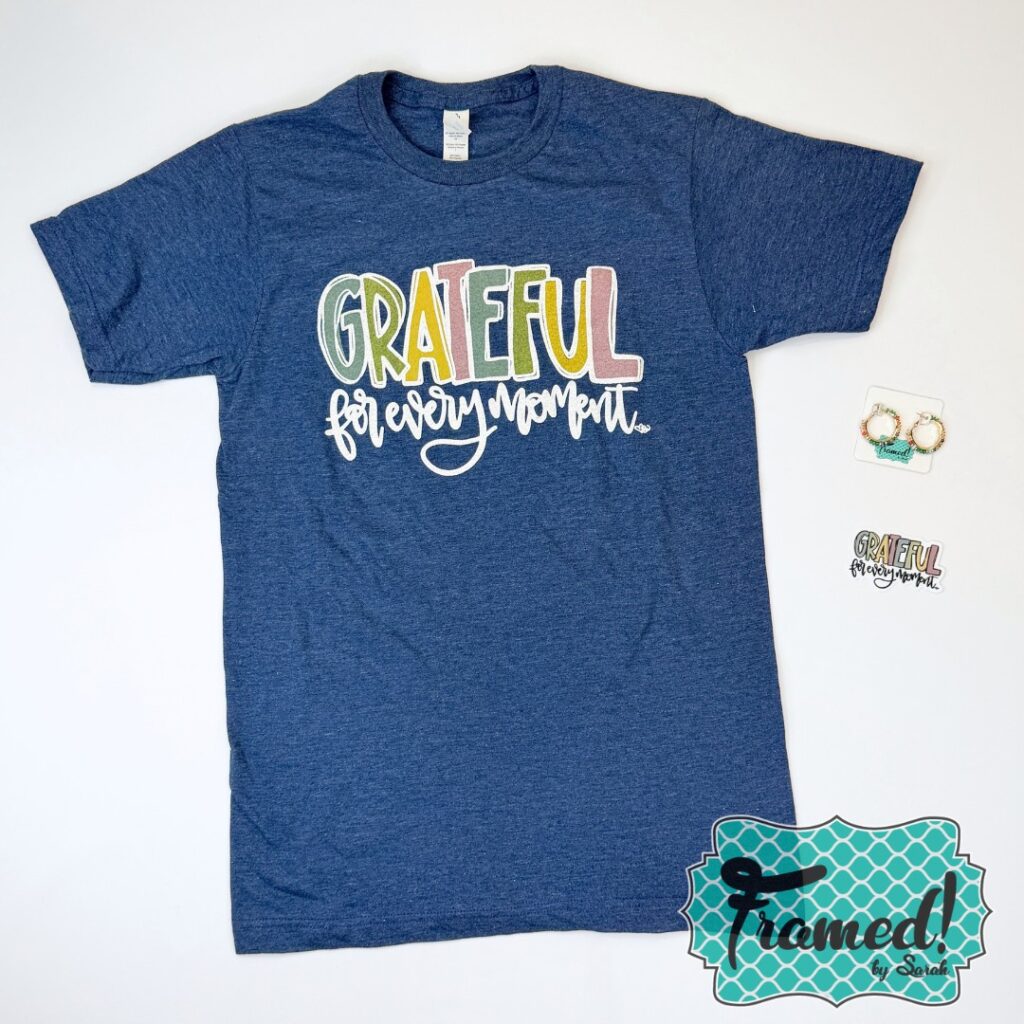 Grateful in Every Moment Navy tee, sticker, and matching earrings