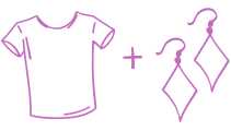 purple drawn t-shirt, plus sign, earrings