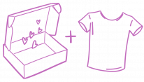 purple drawn open box with hearts, plus sign, tshirt