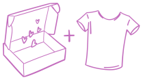 purple drawn open box with hearts, plus sign, tshirt