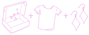 Lilac drawn open box with hearts, plus sign, t-shirt, plus sign, earrings Lilac drawn open box with hearts, plus sign, t-shirt, plus sign, earrings