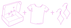 Lilac drawn open box with hearts, plus sign, t-shirt, plus sign, earrings